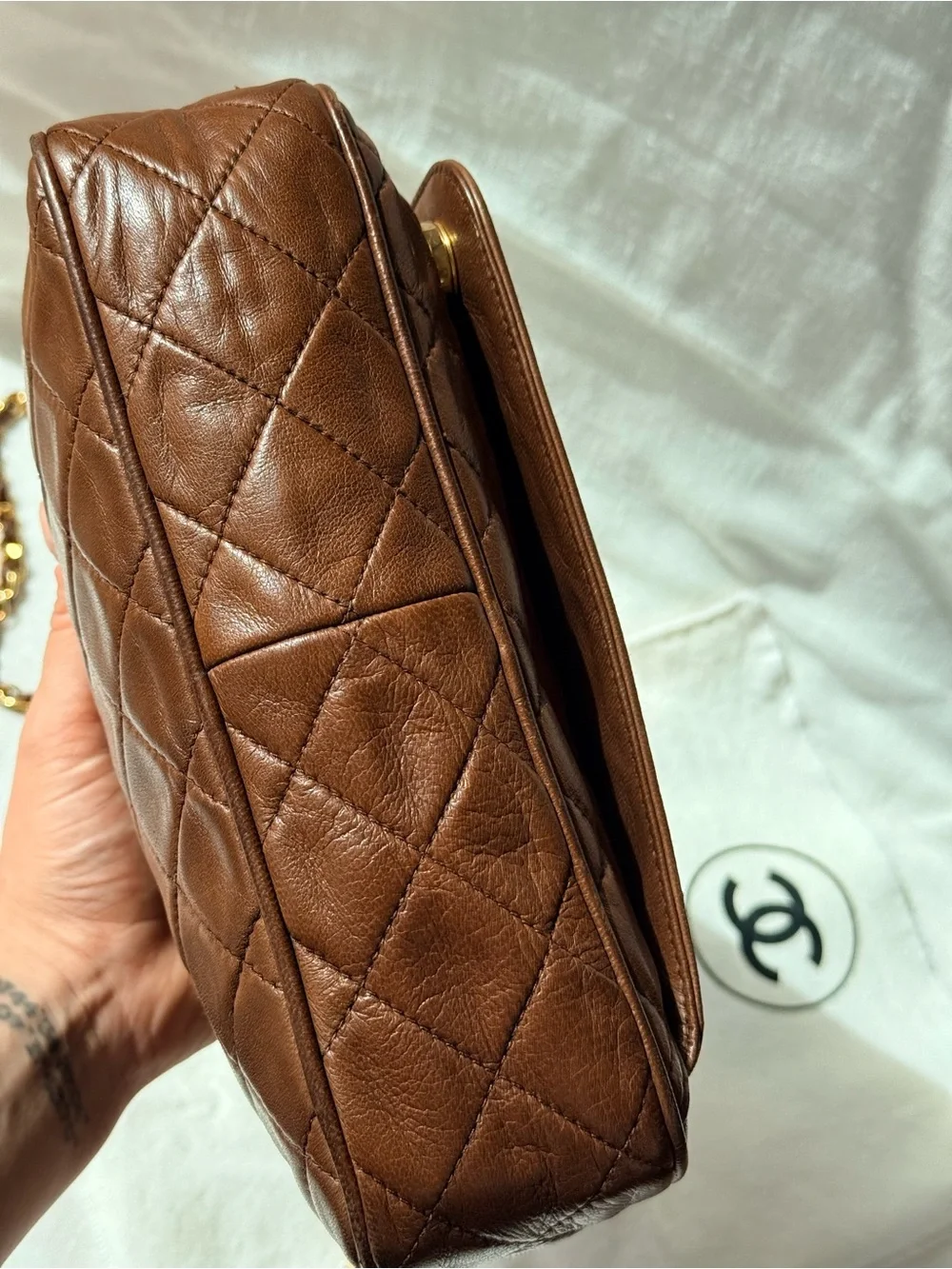 Vintage CHANEL Brown Lambskin Tassel Camera Bag CC Gold Chain 1 Series Rare